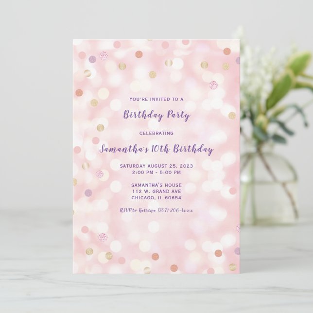 10. Geburtstag Lila Pink Gold Einladung (Stehend Vorderseite)