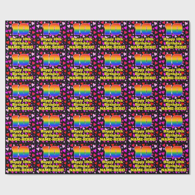 10. Geburtstag: Loving Hearts Pattern, Regenbogen  Geschenkpapier (Flach)