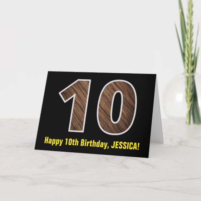 10. Geburtstag: Name + Imitate Holzkörnchen Muster Karte (Vorderseite)
