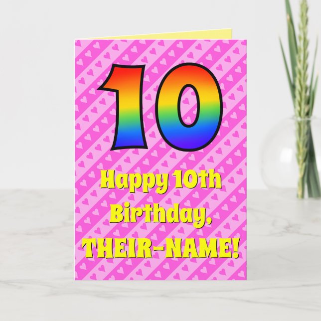 10. Geburtstag: Rosa Streifen und Herz, Regenbogen Karte (Vorderseite)