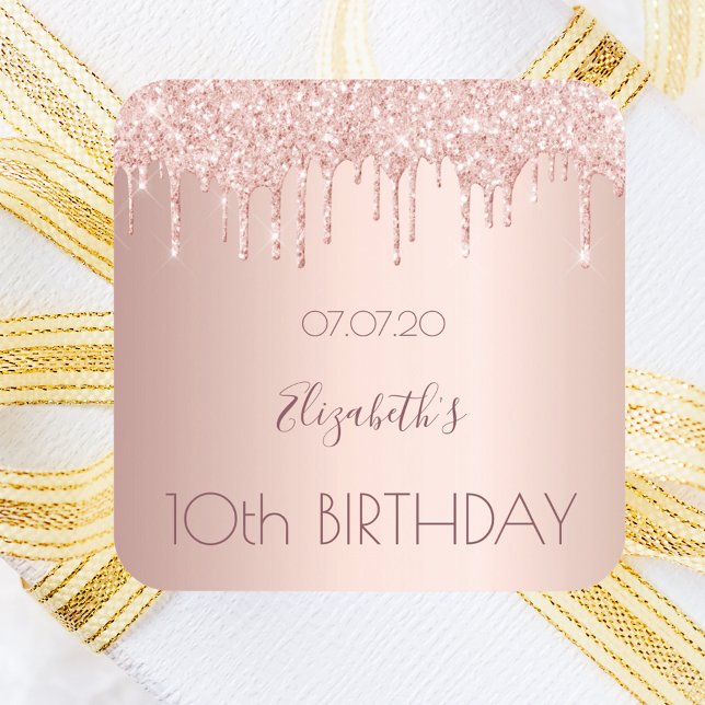 10. Geburtstag Schwarze Rose Gold Tropfen Name Quadratischer Aufkleber (Von Creator hochgeladen)