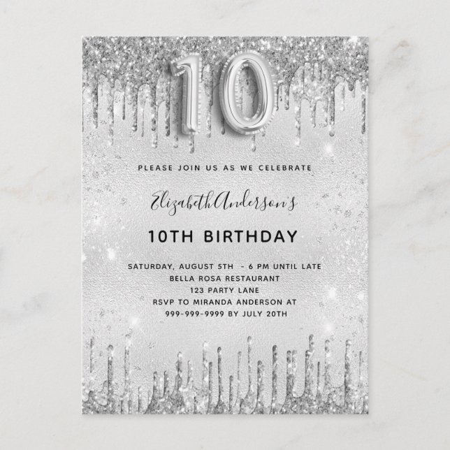 10. Geburtstag Silbermädchen Glitzer Einladungspostkarte (Vorderseite)