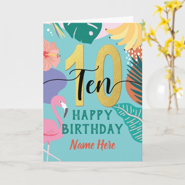 10. Geburtstag Tropischer Blütenrosa Flamingo Karte (Gelbe Blume)