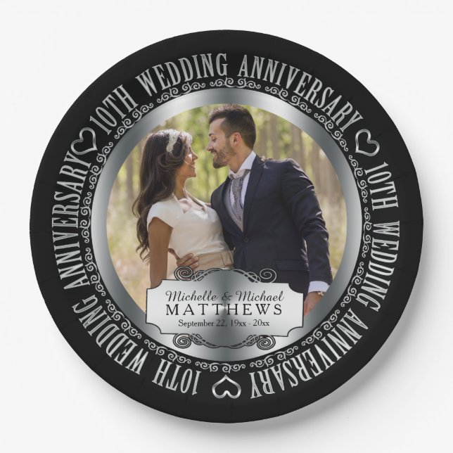 10. Hochzeitstag Foto Black SIlver Tone Pappteller (Vorderseite)