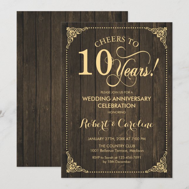 10. Hochzeitstag - Gold Wood Einladung (Vorne/Hinten)