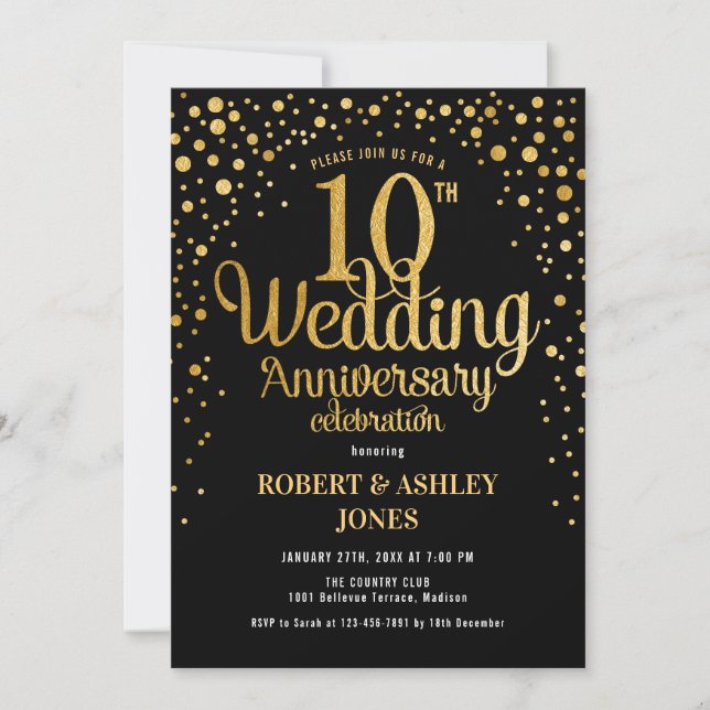 10. Hochzeitstag - Schwarz & Gold Einladung (Vorderseite)