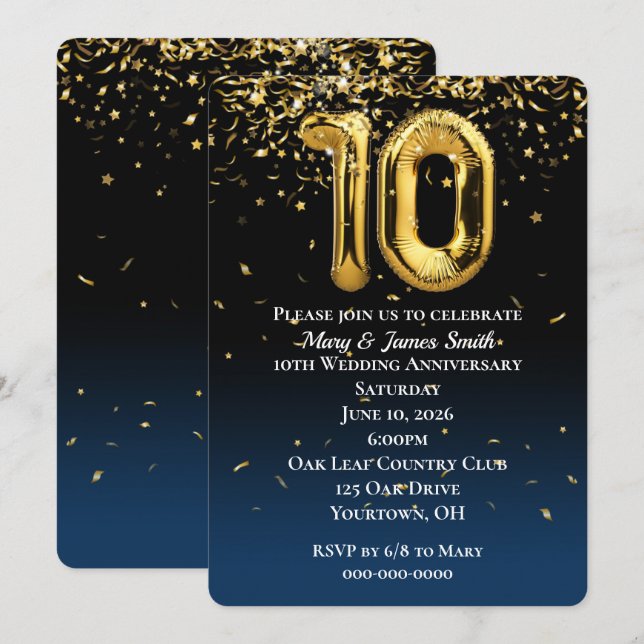 10 Jahre Gold Balloons Confetti Einladung (Vorne/Hinten)