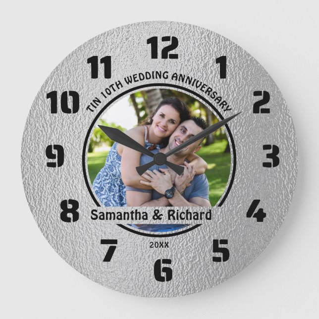 10 Jahre Hochzeit Jubiläum Ehepaar Name Foto Tin Große Wanduhr (Vorderseite)