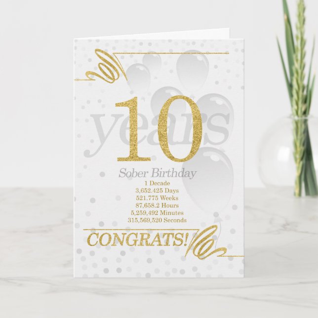 10 Jahre Sober Birthday Imitate Gold Glitzer Karte (Vorderseite)