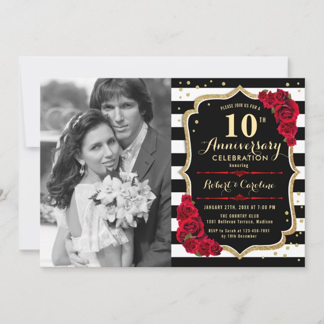 10. Jubiläum mit Foto - Gold Black Red Einladung (Vorderseite)