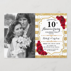10. Jubiläum mit Foto - Gold White Red Einladung