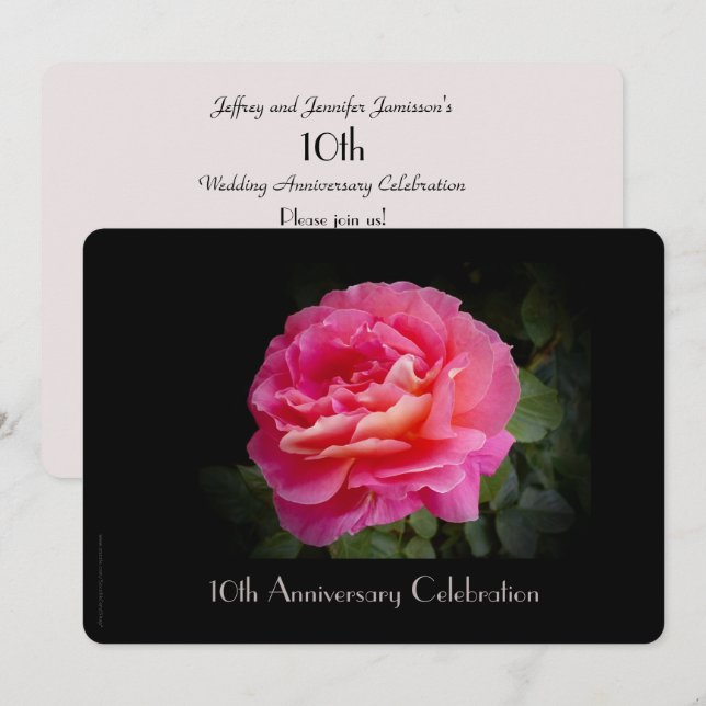 10. Jubiläum Party Einladung Single Pink Rose (Vorne/Hinten)