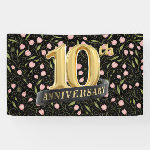 10. Jubiläum rosa Blume auf schwarz Banner