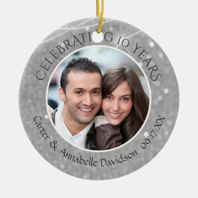 10. Jubiläum | Silver Sparkle Foto Keramik Ornament (Vorne)