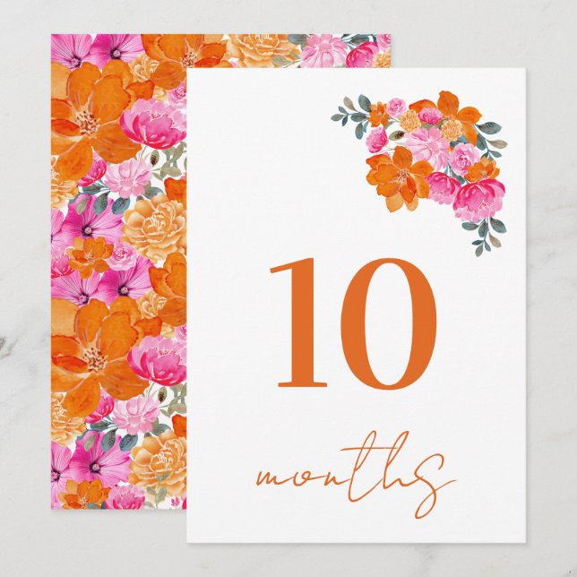 10 Monate Alte Pink & Orange Baby Milestone Card Einladung (Vorne/Hinten)