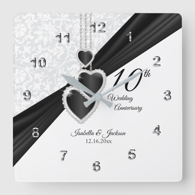 10. Onyx und White Wedding Anniversary Keepake Quadratische Wanduhr (Vorderseite)