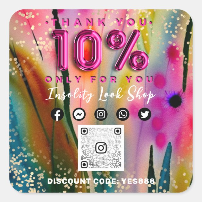 10% Rabatt auf QR CODE-Logos bei Blumengolden Quadratischer Aufkleber (Vorderseite)