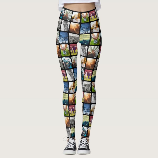 10 Rundered Foto Grid Template Square Schwarzer Ra Leggings (Vorderseite)