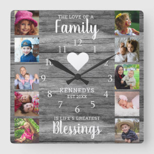 10 Square Foto Collage Familienangebot Graues Holz Quadratische Wanduhr