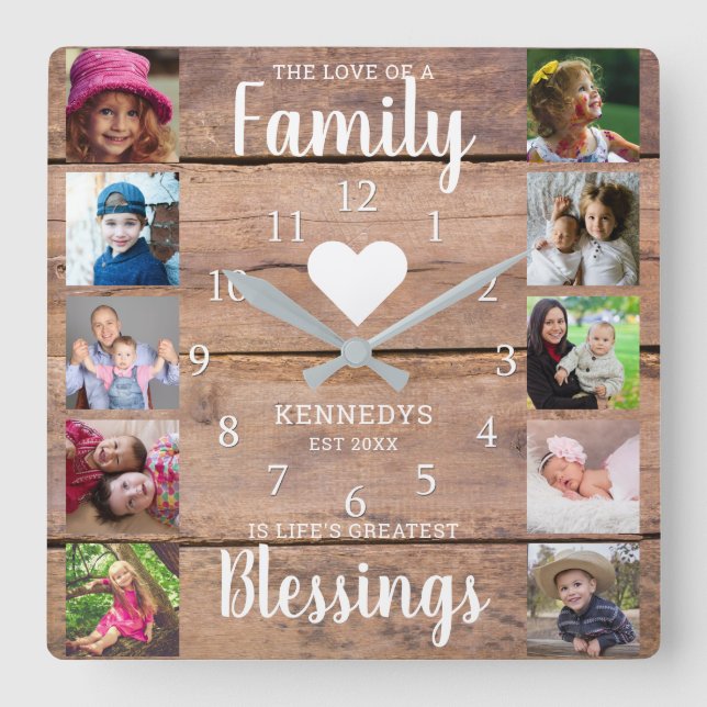 10 Square Foto Collage Familienangebot Rustikales  Quadratische Wanduhr (Vorderseite)