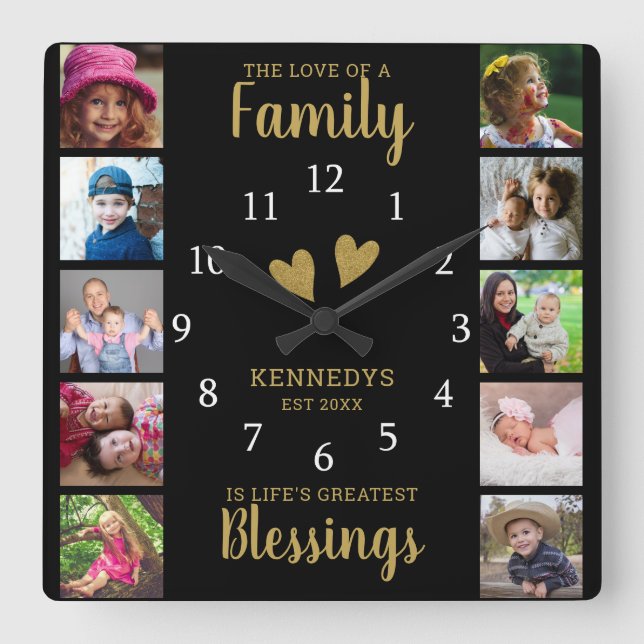 10 Square Foto Collage Family Quote Black Gold Quadratische Wanduhr (Vorderseite)