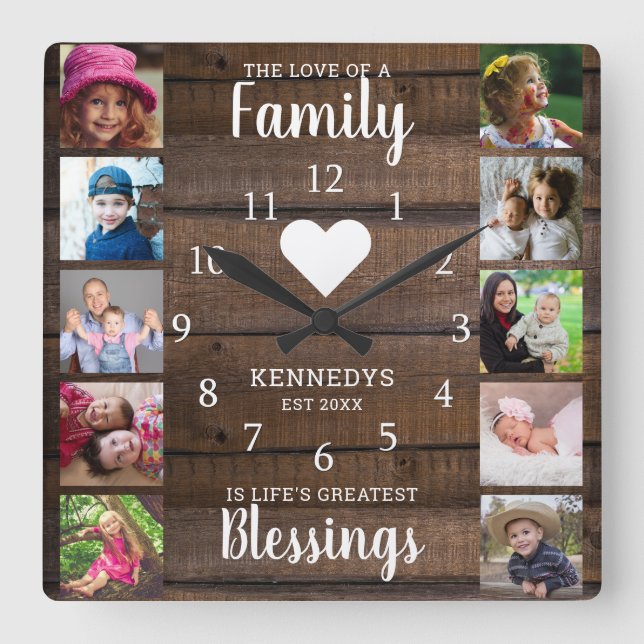 10 Square Foto Collage Family Quote Dunkles Holz Quadratische Wanduhr (Vorderseite)