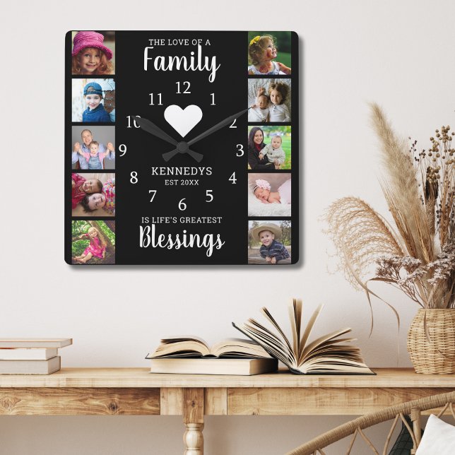 10 Square Foto Collage Family Quote Schwarz-weiß Quadratische Wanduhr (Von Creator hochgeladen)