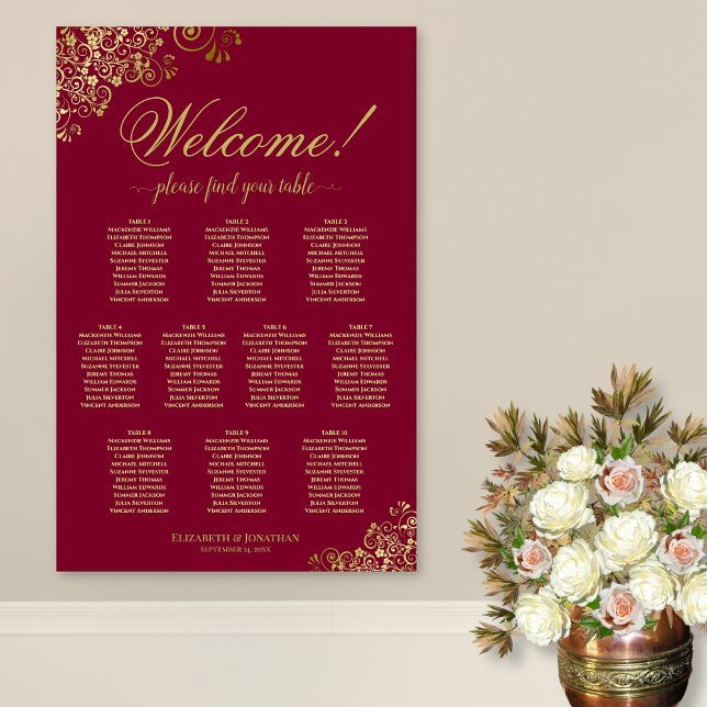 10 Tabelle Burgundy & Gold Willkommenssymbol Poster (In Situ on Wall with Flowers)