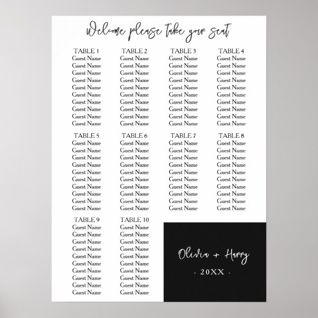 10 Tabelle | Elegante moderne Hochzeitssitzkarte Poster (Vorne)
