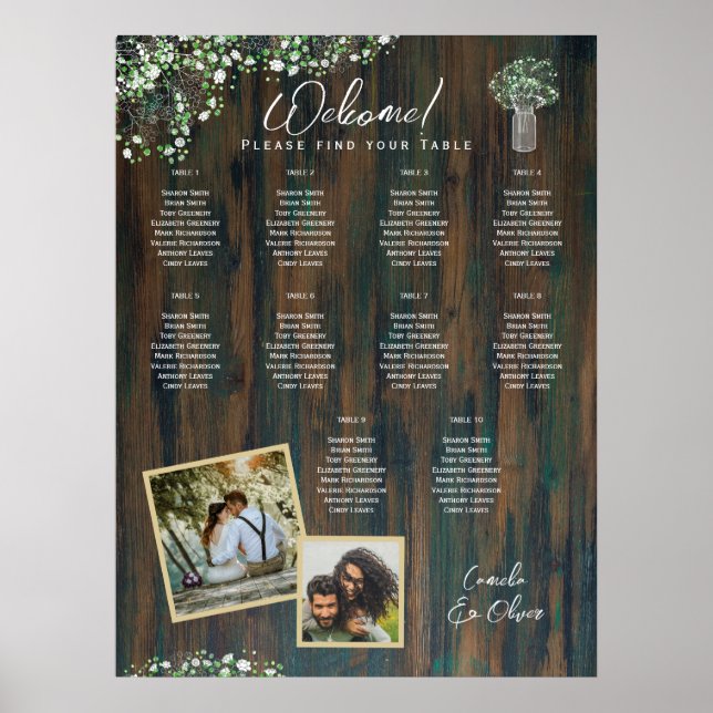 10 Tabelle Rustikales Holz Gypsophila FOTO SITZEND Poster (Vorne)