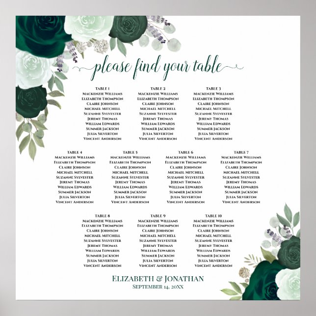 10 Tabelle Smaragdgrüne Rose Hochzeitskarte Poster (Vorne)
