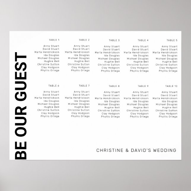 10 Tabellen Einfache weiße Hochzeitssitzkarte Poster (Vorne)