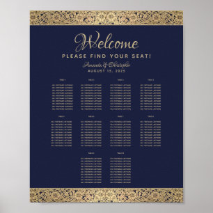 10 Table Navy Blue Wedding Seating Chart Gold Rose Poster