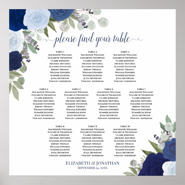 10 Tafelblaue Rose Elegante Hochzeitssessendiagram Poster (Vorne)