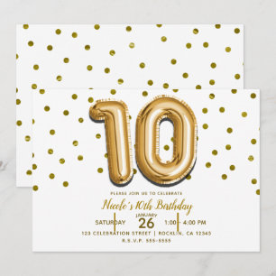 10 Ten Gold Ballon Confetti 10. Geburtstagsparty Einladung