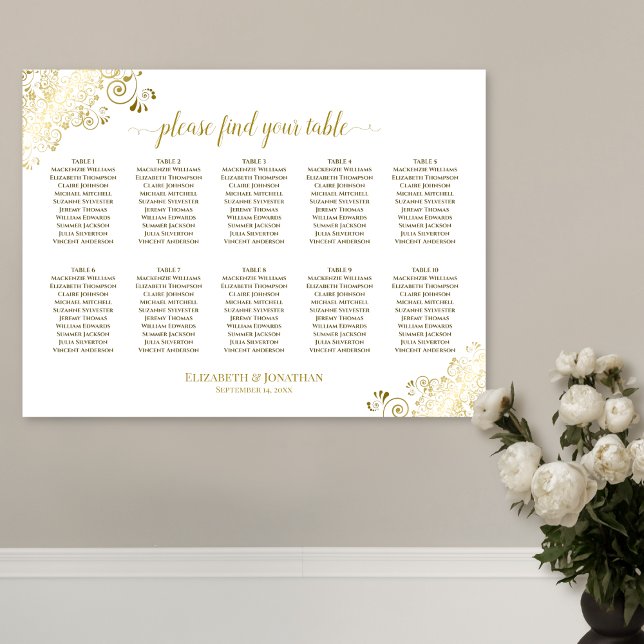 10 Tischdecken für Hochzeitssitze - Weiße und gold Poster (In Situ on Wall)