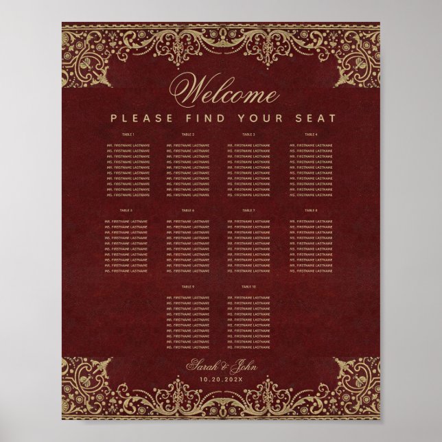 10 Tische Burgund und Gold Hochzeitskarte Poster (Vorne)