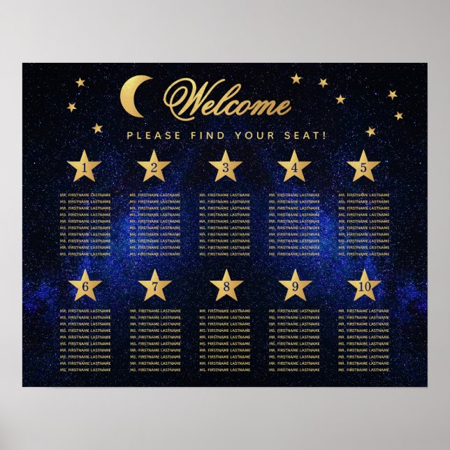 10 Tische Himmlische Hochzeit Blau Gold Sitzplan Poster (Vorne)