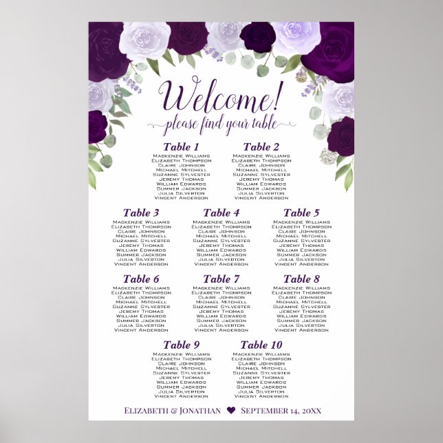 10 Tische Lila Boho Rosen Vertikale Sitzordnung Poster (Vorne)