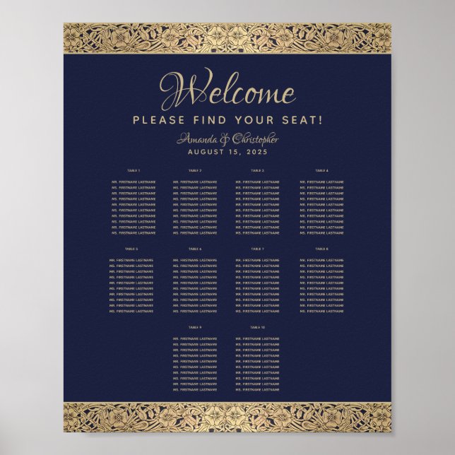 10 Tische Navy Blau Hochzeit Sitzordnung Gold Rose Poster (Vorne)