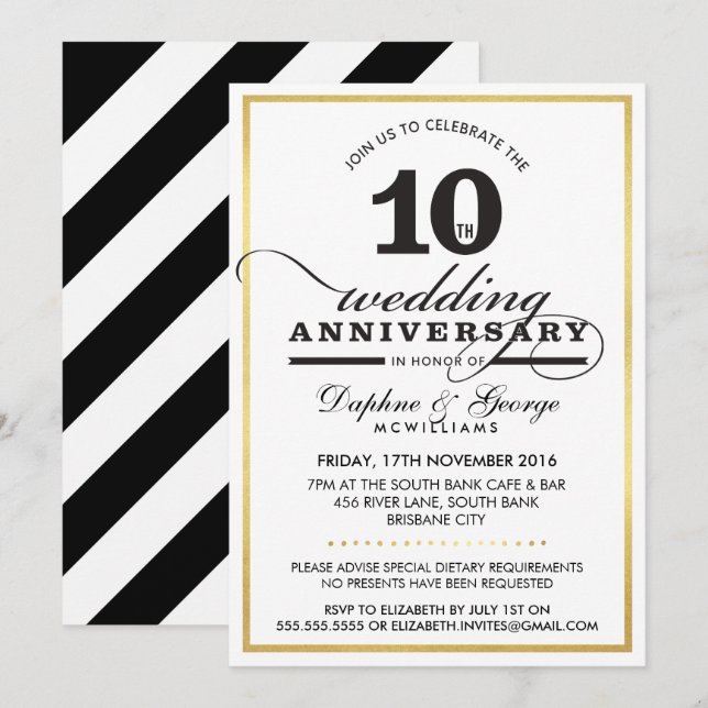 10. WEDDING ANNIVERSARY Klasse stilvolle Gold schw Einladung (Vorne/Hinten)