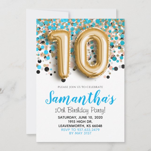 10e anniversaire Blue Confetti Invitation (Devant)