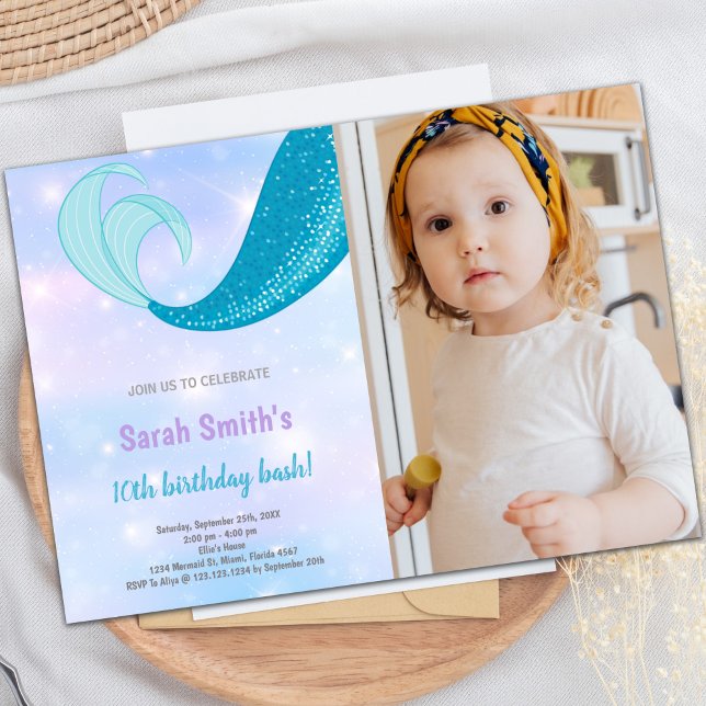 10e anniversaire de sirène Invitations avec photo (10th Mermaid birthday invitations with photo)