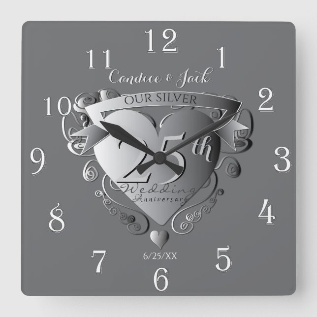 10th,20th,25th Wedding Anniversary Silvery Heart Quadratische Wanduhr (Vorderseite)