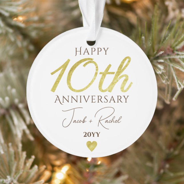 10th Anniversary Faux Gold Custom Wedding Ornament (Baum)