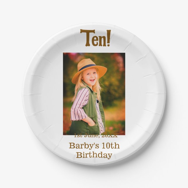 10th birthday photo name date simple brown beige b pappteller (Vorderseite)