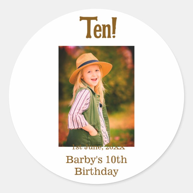 10th birthday photo name date simple brown beige b runder aufkleber (Vorderseite)