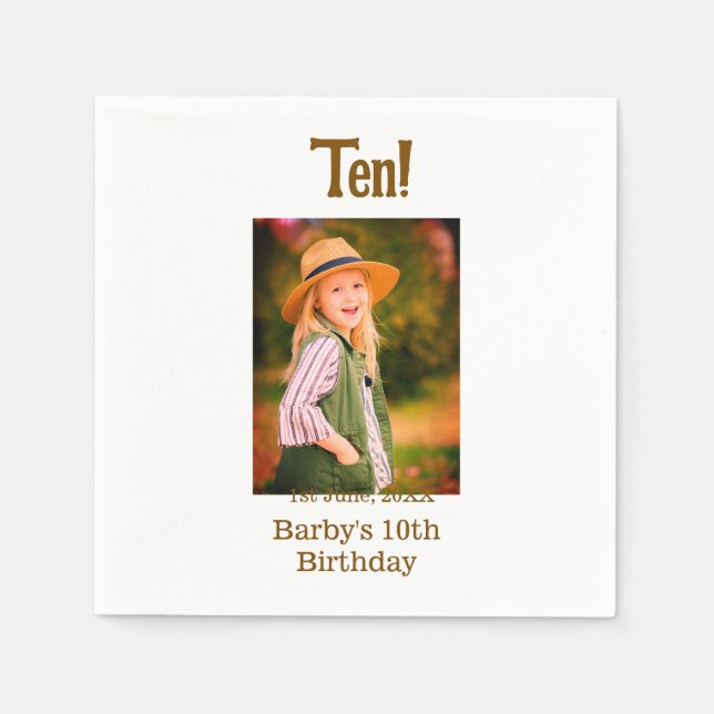 10th birthday photo name date simple brown beige b serviette (Vorderseite)