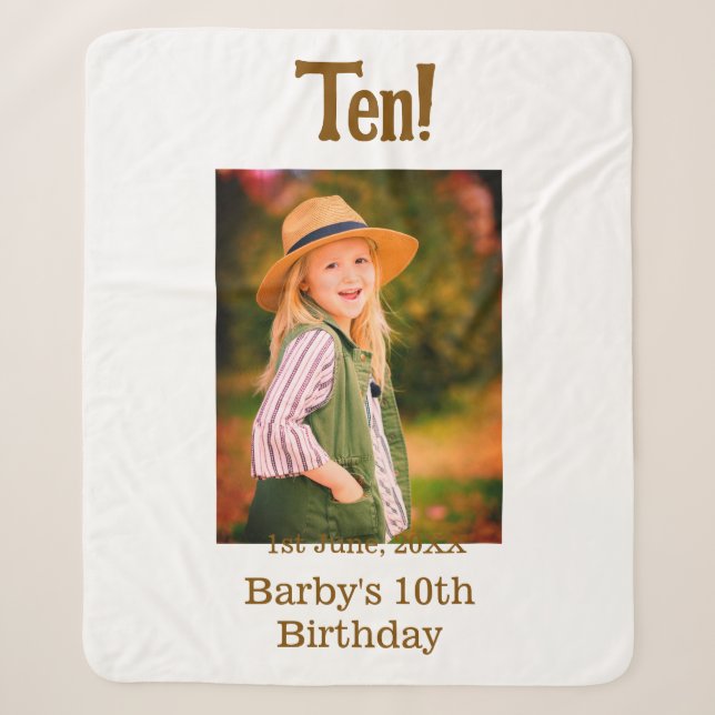 10th birthday photo name date simple brown beige b sherpadecke (Vorderseite)