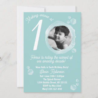 10th Pale Teal Blue Bubble Birthday Party  Einladung